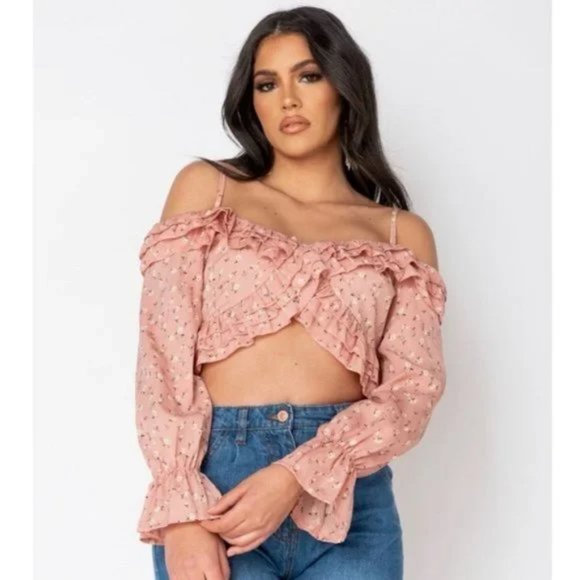 Tops - Pink Ditsy Floral Print Long Sleeve Cold Shoulder Ruffle Crop Top